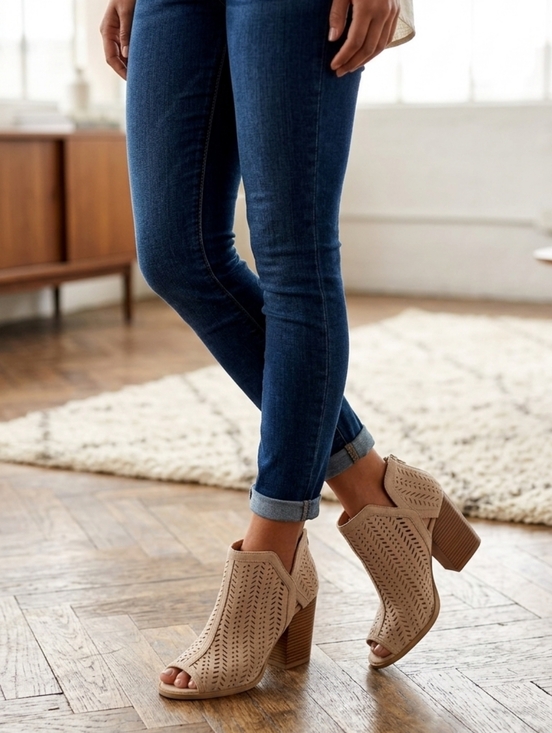 Qupid Shoes - Qupid Tan Heeled Boots with Open Toe and Perforated Design Size 7 EUC
